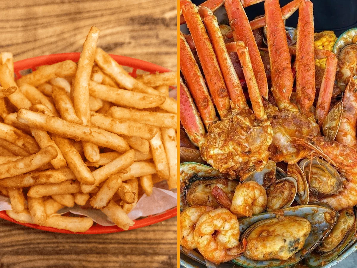 Seafood platters on a casual restaurant table.