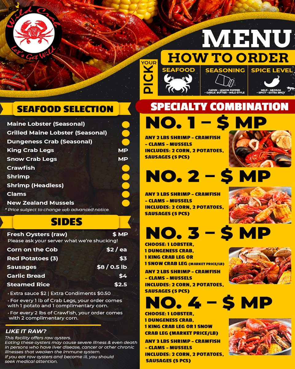 Menu page for seafood selections.