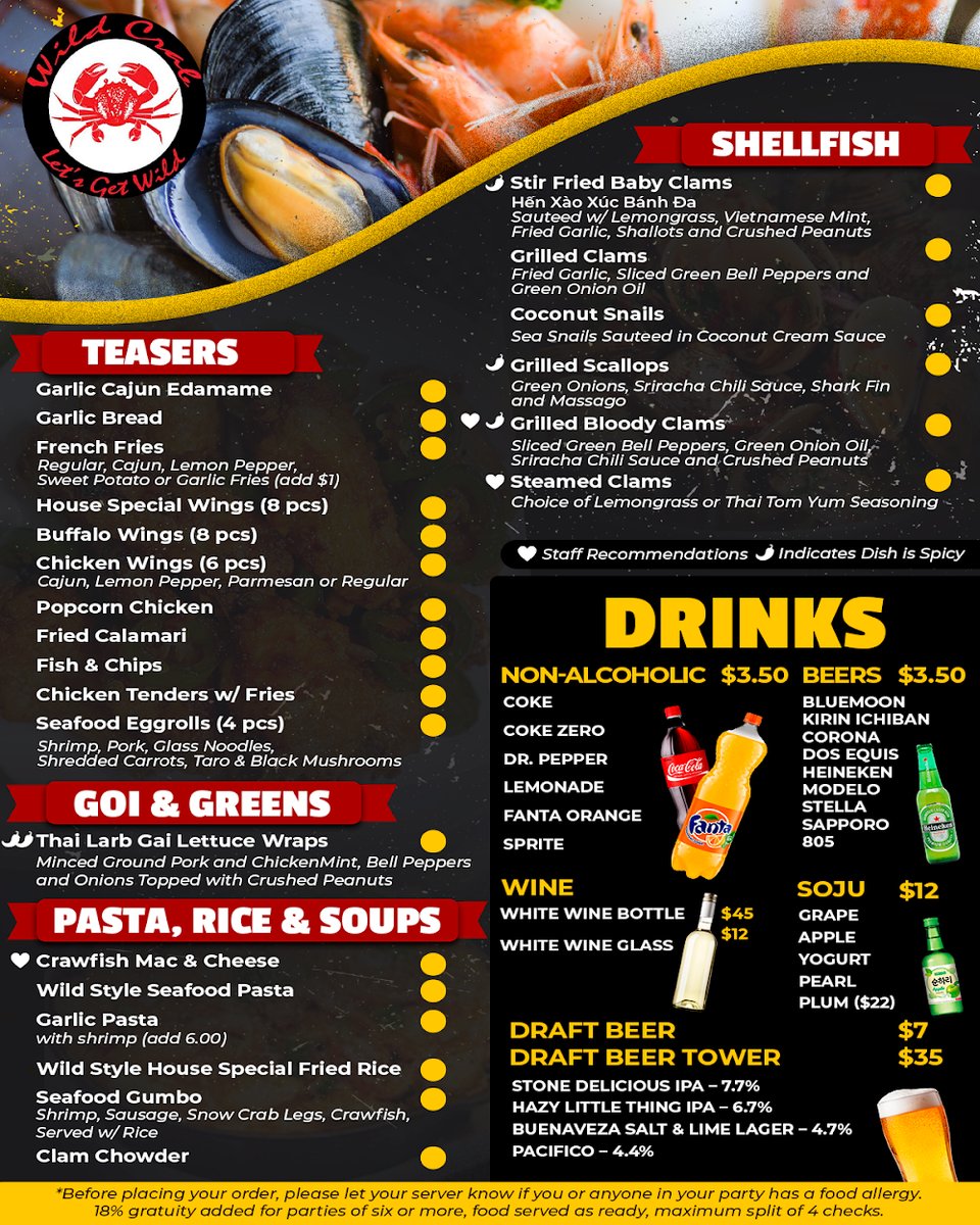 Printed menu with seafood and Cajun options.
