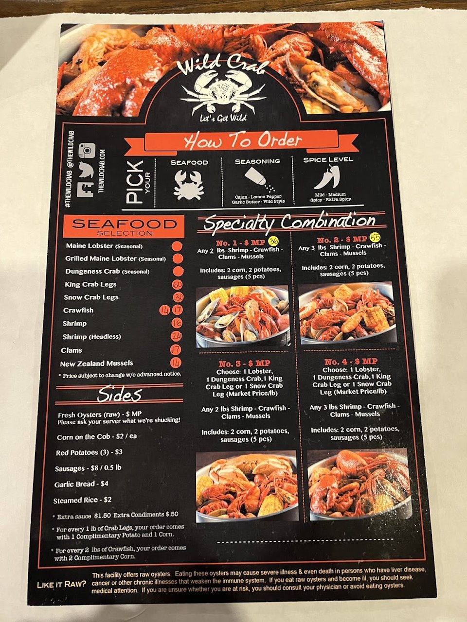 Restaurant menu showing seafood choices.